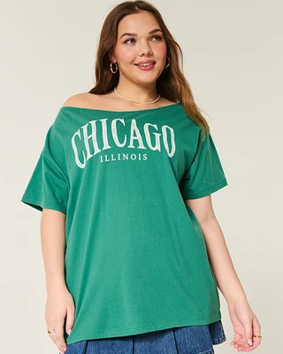 Oversized Off-the-Shoulder Chicago Graphic Tee