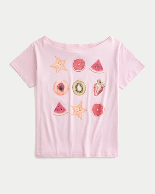 Oversized Off-the-Shoulder Fruit Graphic Tee