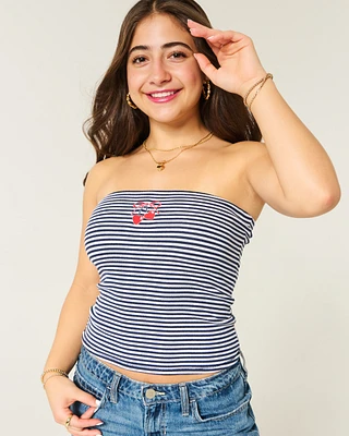 Ribbed Strapless Embroidered Cherry Tube Top
