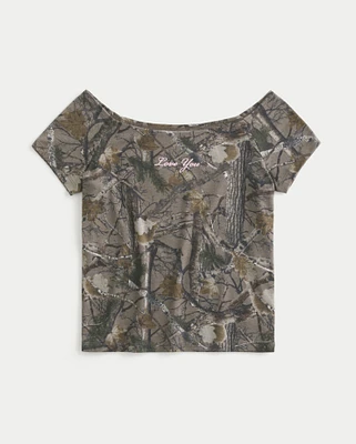 Off-the-Shoulder Camo Love You Graphic Tee