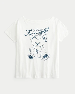 Oversized Off-the-Shoulder Teddy Bear Graduation Graphic Tee