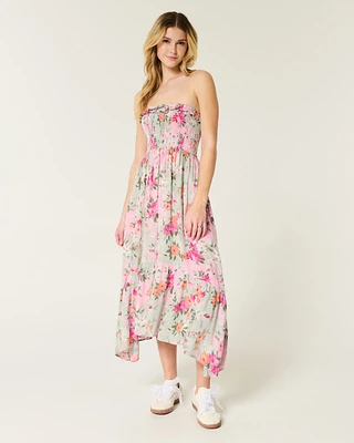 Strapless Asymmetrical Hem Maxi Dress