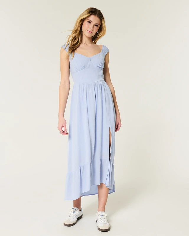 elbow sleeve midi dress Green Linen with Drawstring Waist and Sleeves Size:8