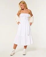 Strapless Channeled Waist Linen Blend Midi Dress