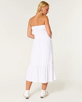 Strapless Channeled Waist Linen Blend Midi Dress