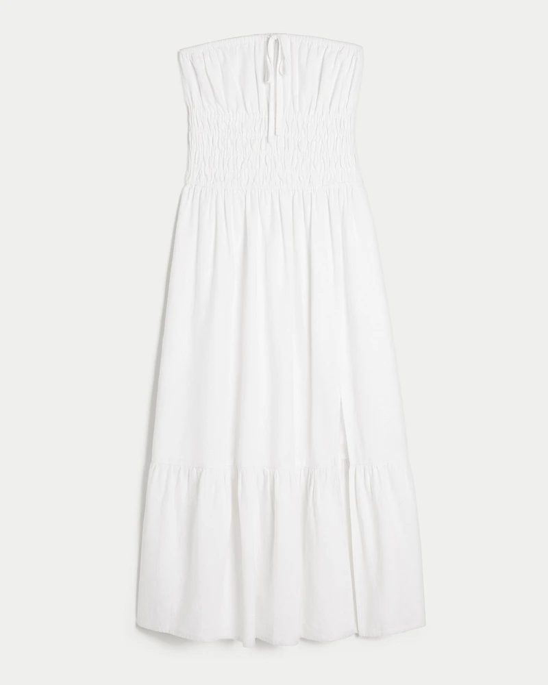 Strapless Channeled Waist Linen Blend Midi Dress