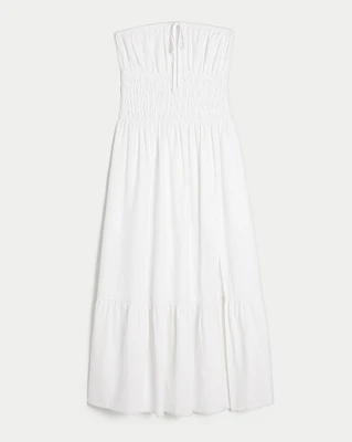 Strapless Channeled Waist Linen Blend Midi Dress