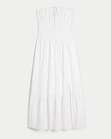 Strapless Channeled Waist Linen Blend Midi Dress