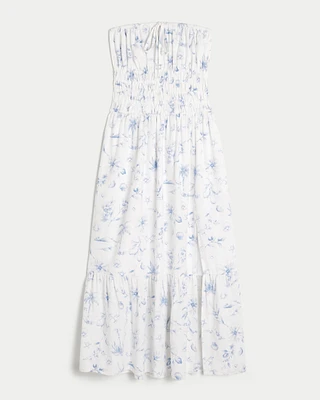 Strapless Channeled Waist Linen Blend Midi Dress