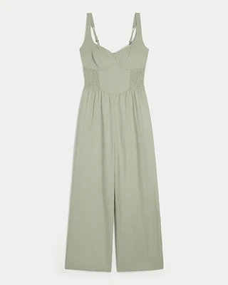 Linen-Blend Side Smocked Jumpsuit