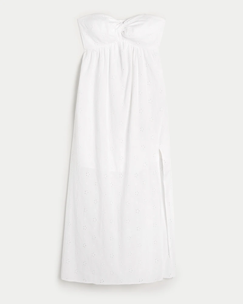 Twist Bust Eyelet Strapless Midi Dress