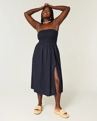 Strapless Linen-Blend Midi Dress