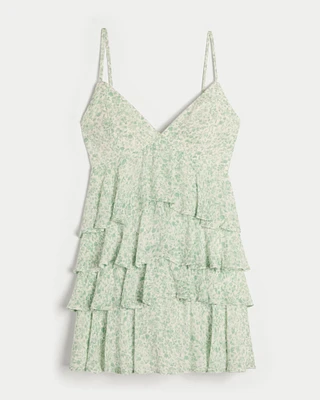 V-Neck Ruffled Tier Babydoll Mini Dress