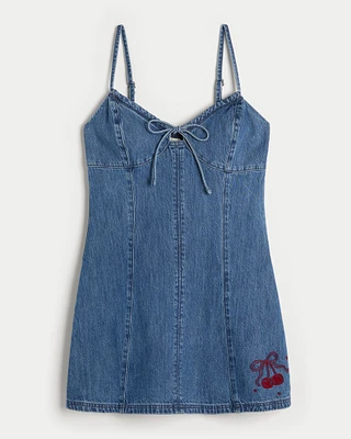 Denim Cherry Graphic Mini Dress
