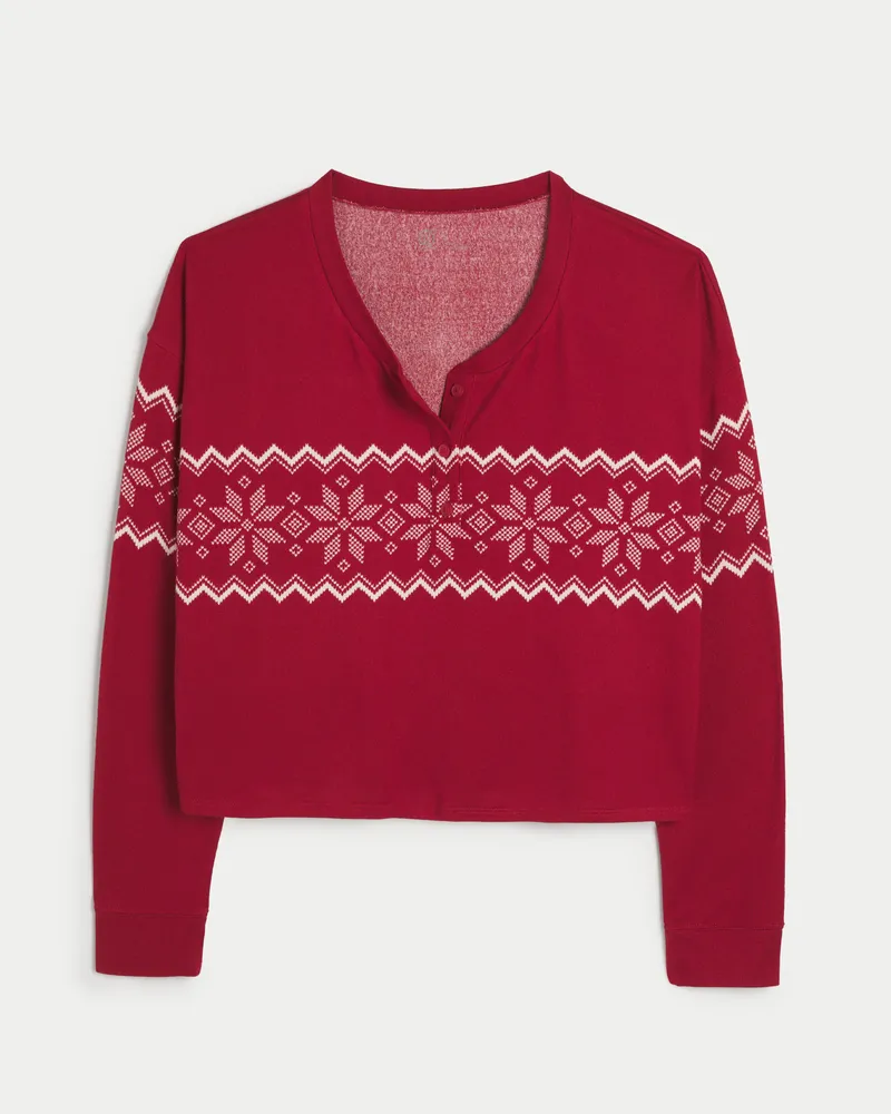 Hollister Cosy Ribbed Henley Top-red in White