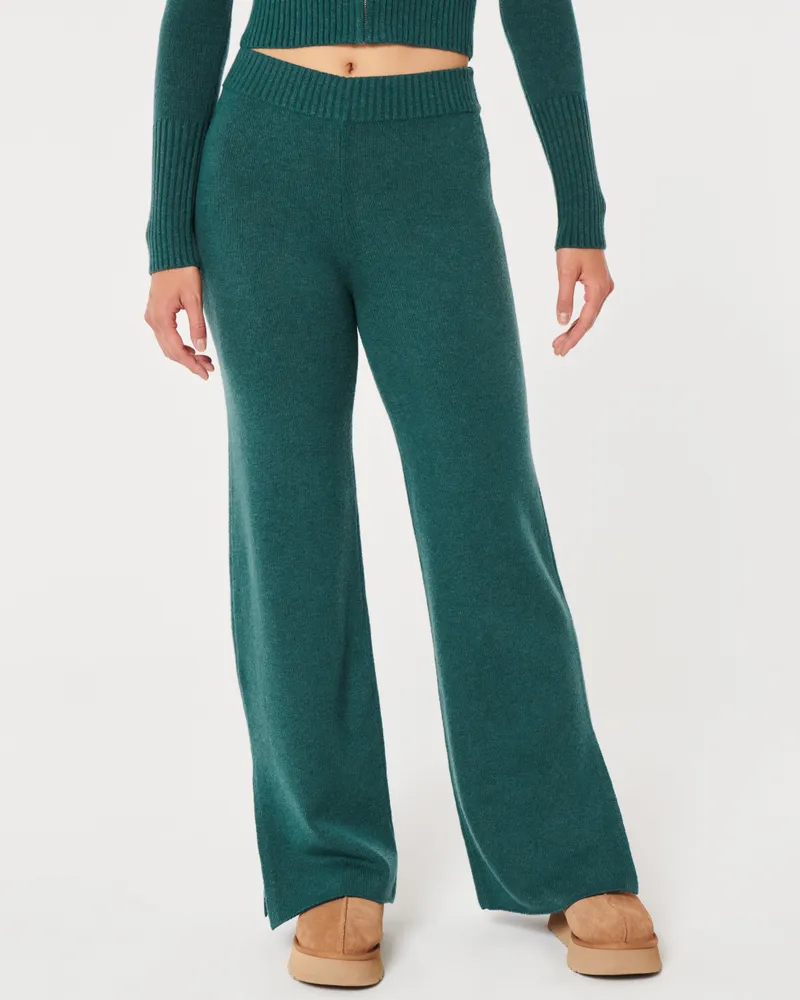 Women's Elastic High Waist Rib Knit Flare Leg Pants Green