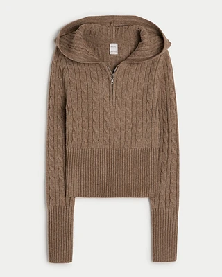 Gilly Hicks Hooded Cable-Knit Quarter-Zip Hoodie