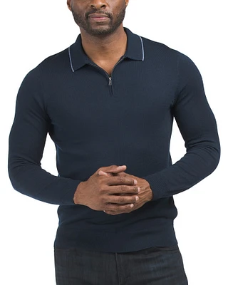 Merino Wool Zip Neck Polo With Tipping On Collar For Men