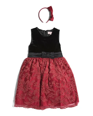 Girl Velvet Bodice And Embroidered Dress With Headband