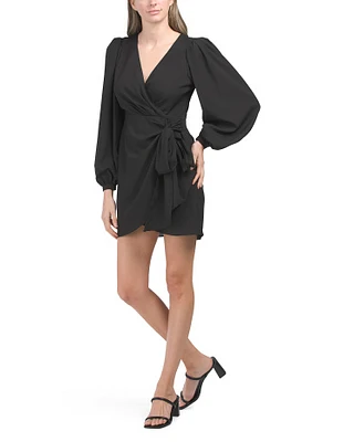 Satin Long Sleeve Wrap Mini Dress For Women