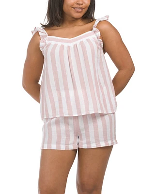 Striped Ruffled Tank Shorty Set For Women