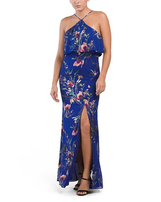 Floral Halter Gown With Front Slit For Women