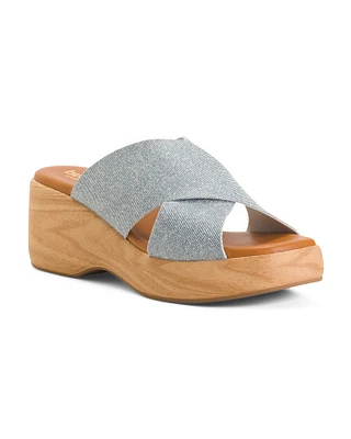 Leather Denim Cross Band Wedge Sandals For Women