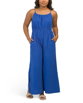 Linen Blend Strappy Wide Leg Jumpsuit For Women