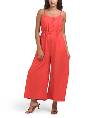 Linen Blend Strappy Wide Leg Jumpsuit For Women