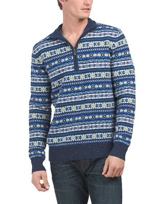 Merino Wool Blend Fair Isle Quarter Zip Sweater For Men