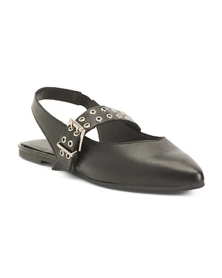 Leather Studded Sling Back With Front Strap Flats For Women