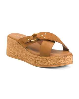 Suede Cross Band Wedge Sandals With Gold Buckle For Women