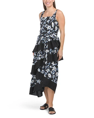 Square Neck Floral Midi Dress With Contrast Trim For Women