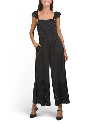 Wide Leg Satin Jumpsuit With Lace Trims For Women