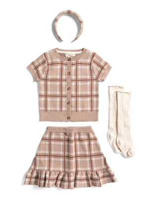 Girls Plaid Cardigan And Skirt Set With Socks