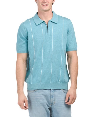 Short Sleeve Quarter Zip Vertical Stripe Sweater Polo For Men