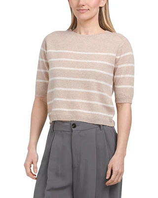 Cashmere Elbow Sleeve Striped Crew Neck Pullover