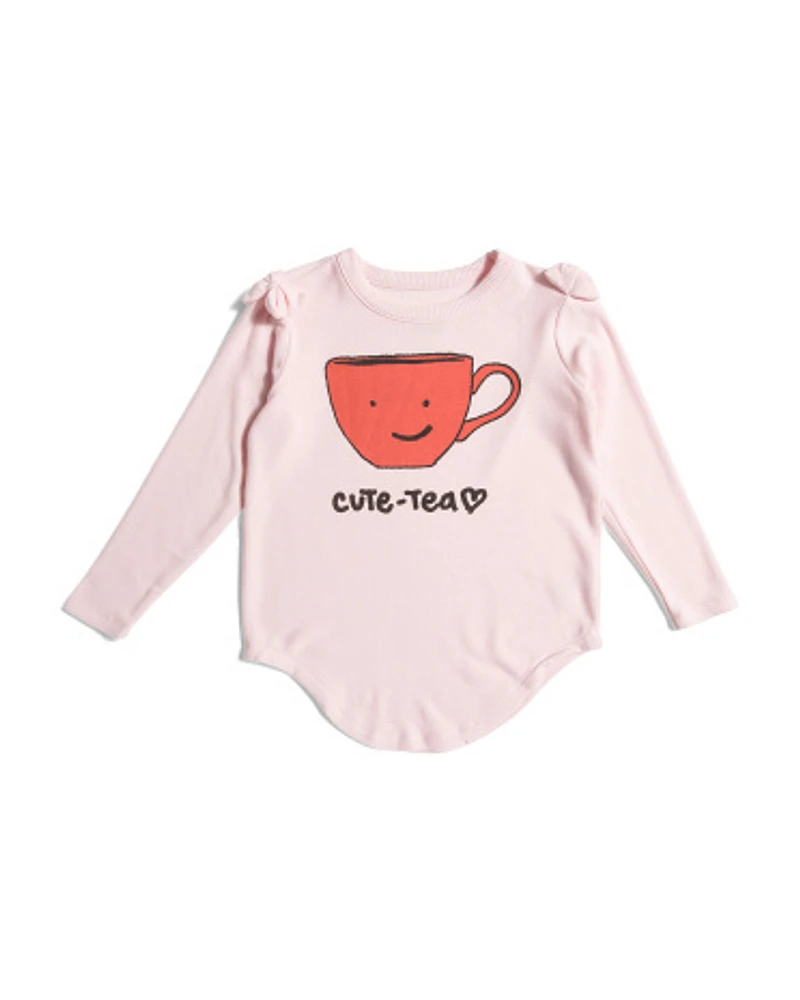 Girls Long Sleeve Shirt Tail Hem T-Shirt With Bows