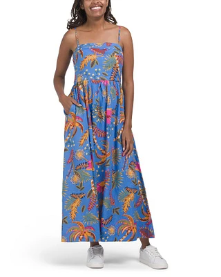 Linen Blend Square Neck Tropics Maxi Dress For Women