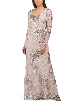 Embellished V-Neck Illusion Long Sleeve Gown For Women