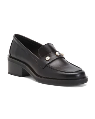 Leather Loafers With Pearls For Women