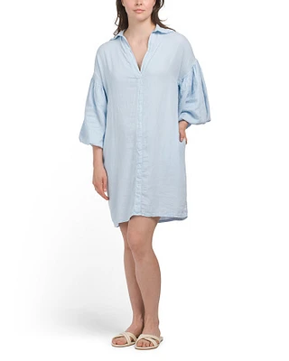 Linen Blend Puff Sleeve Mini Dress For Women