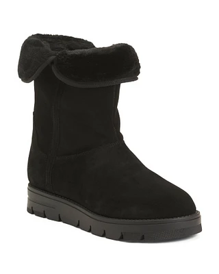 Suede Shearling Lined Boots With Fold Over Ice Grippers For Women