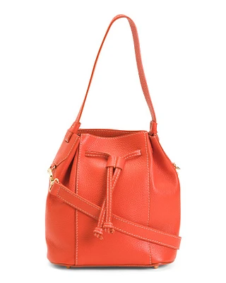 Leather Bucket Bag With Detachable Strap For Women