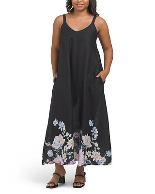 Linen Maxi Dress With Floral Border For Women