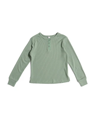 Girls Waffle Long Sleeve Top With A Henley Collar