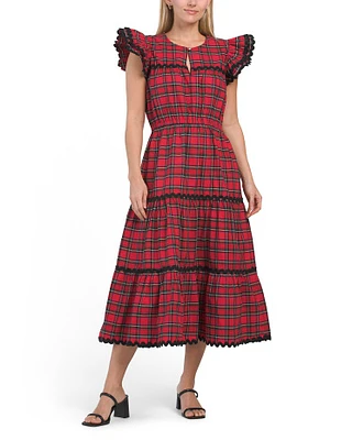 Flutter Sleeve Tartan Dress With Ric Rac Trim For Women