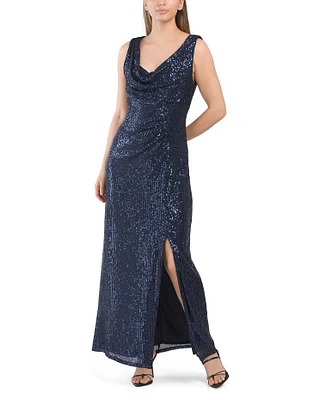 Cowl Neck Sequin Gown With Ruched Side For Women