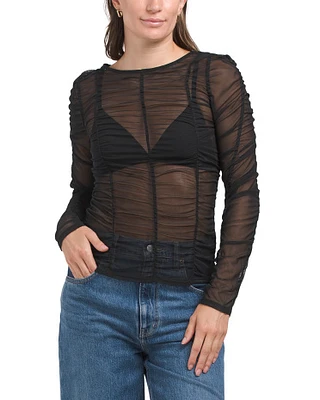 Ruched Mesh Long Sleeve Knit Top For Women