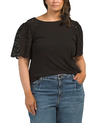 Plus Slub Top With Lace Sleeves For Women